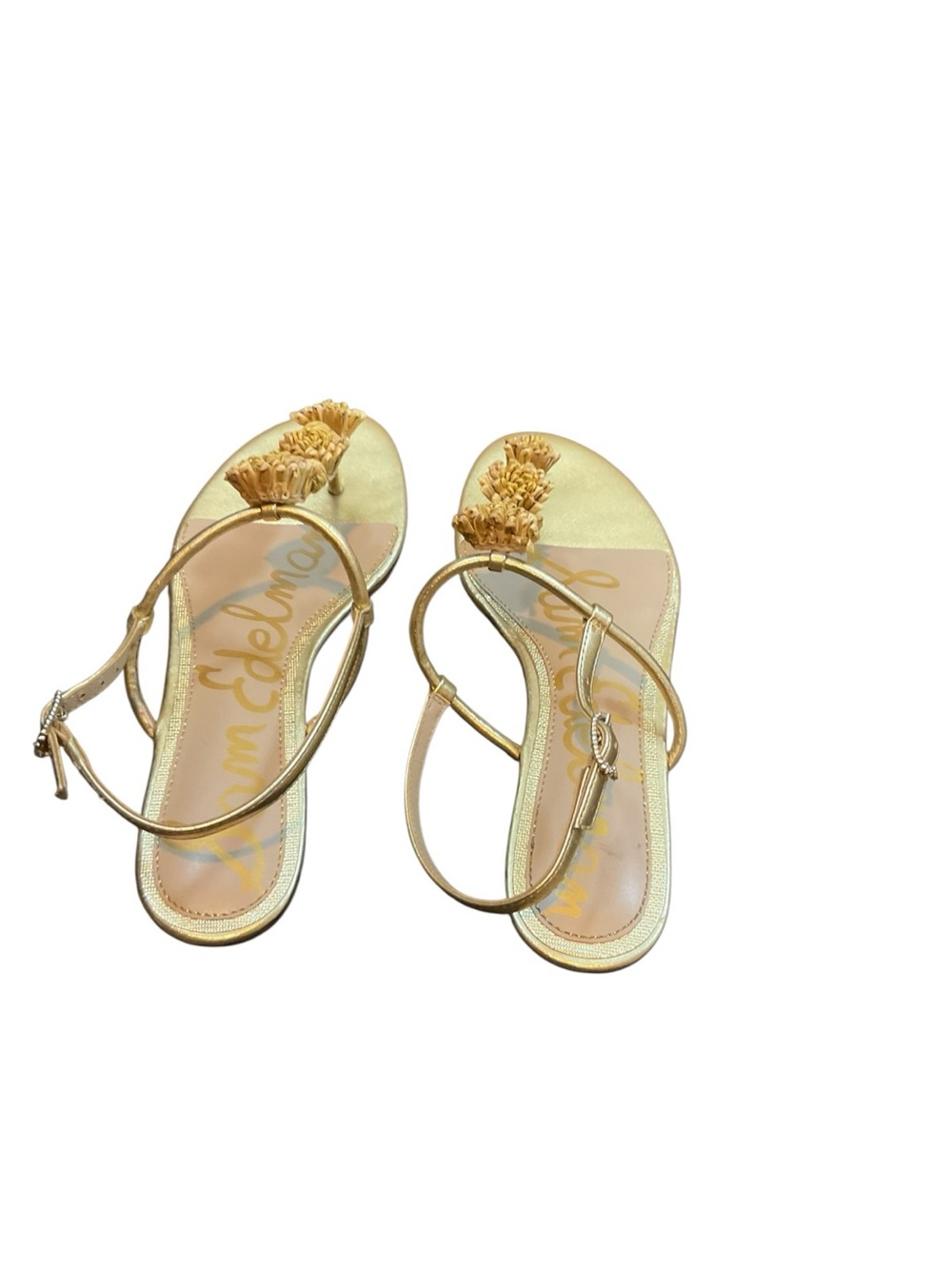 Sam Edelman Metallic Gold Floral T-Strap Sandals - Picture 3 of 11